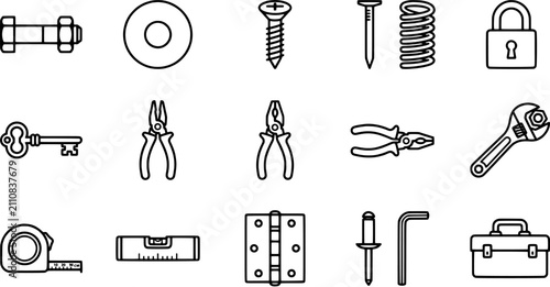 Hardware and tool icon set in a simple line art style including fasteners, pliers, wrench, measuring tape, hinge and toolbox.