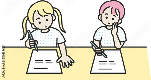 勉強をする女の子と男の子のイラスト