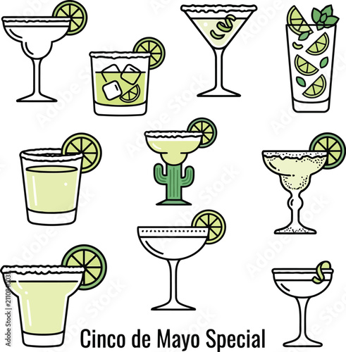 Set of various margarita cocktails and lime drink illustrations for cinco de mayo