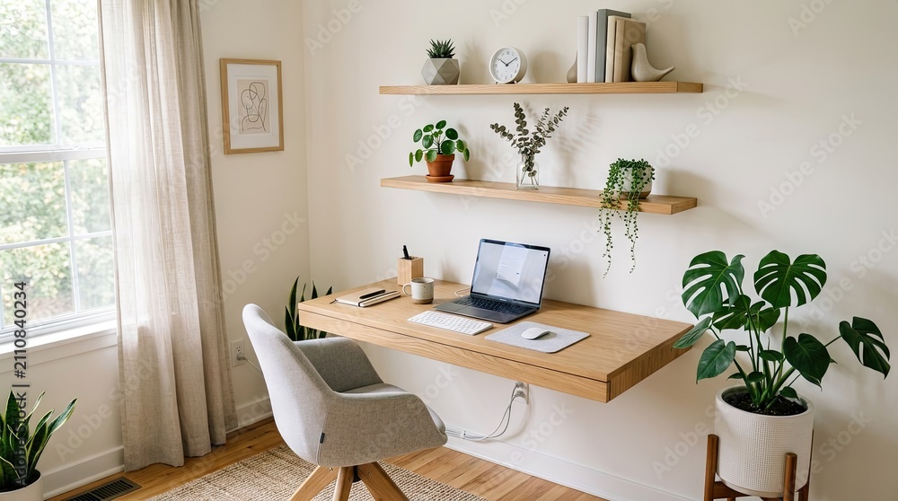 Fototapeta premium A minimalist home office setup with a wooden desk, floating shelves, and a laptop on a white wall.