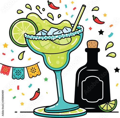 A refreshing margarita cocktail drink with lime tequila bottle and festive party confetti