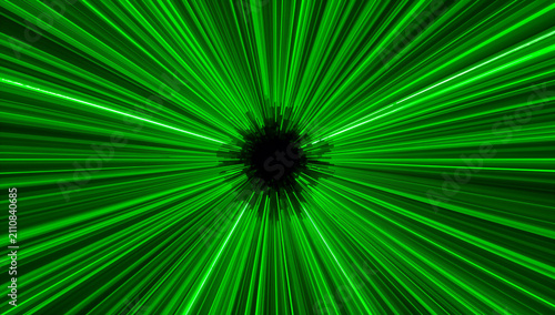 Abstract green light streaks radiating from a central dark void