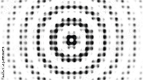 Concentric circles halftone pattern with black dots on white background, circular ripple effect, for abstract backgrounds
