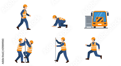 Set of flat construction workers in safety vests and hard hats performing professional labor and maintenance tasks on site