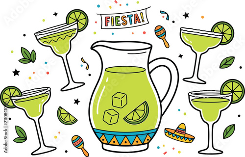 Hand drawn margarita pitcher and glasses with lime and sombrero for fiesta party