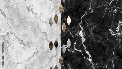 Elegant split design with contrasting marble textures and geometric accents