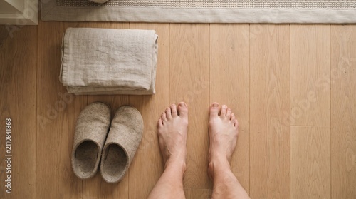 Soft sunlight fills the room as bare feet touch the smooth wooden floor. Cozy slippers rest nearby, alongside neatly folded towels, creating a calm atmosphere.
