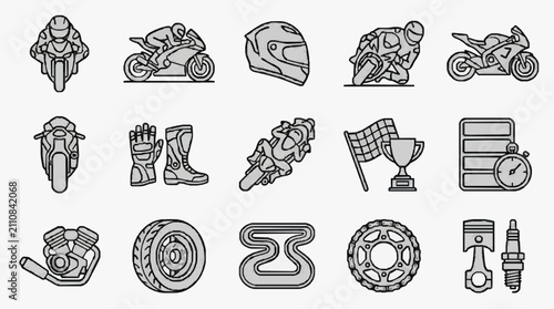 Canvastavla Sleek Monochrome Icons Set Featuring Motorcycle Racing Gear Parts and Symbols in