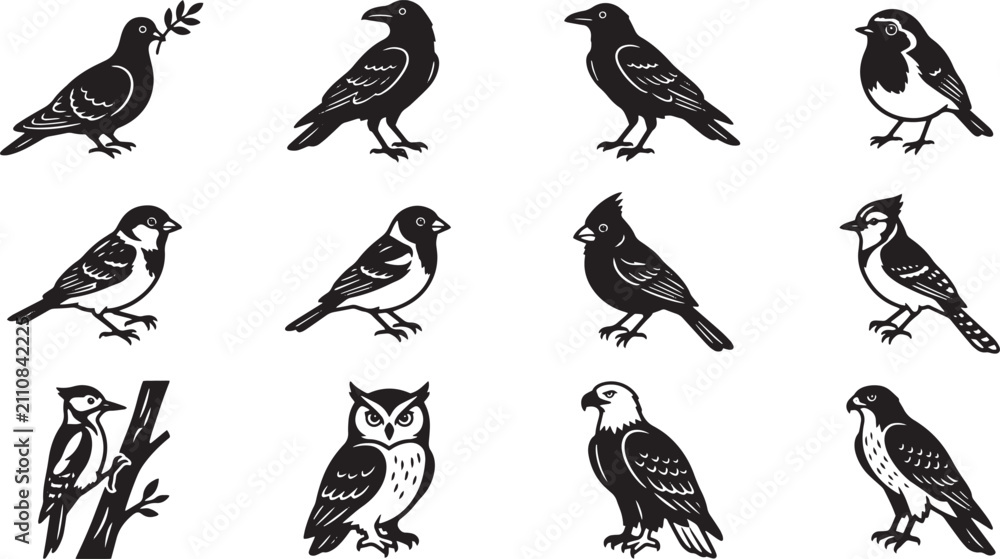 Obraz premium Vintage linocut bird icons set, 12 black and white bird silhouettes, rustic woodcut avian illustrations, hand-drawn wildlife vector graphics isolated on Transparent Background