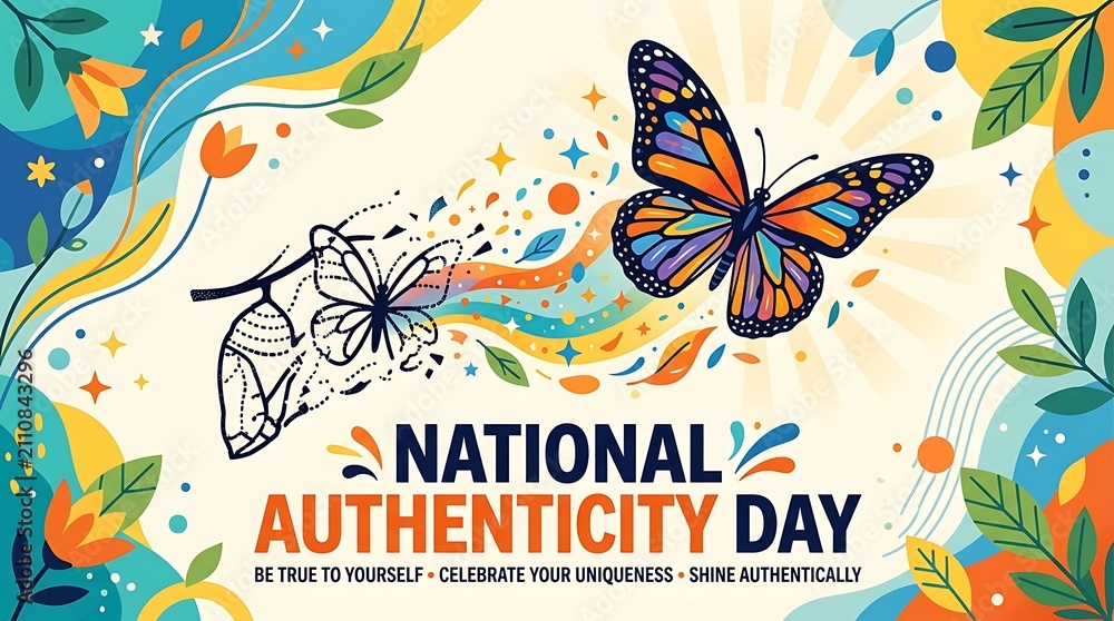 Obraz premium Bold text for National Authenticity Day, a butterfly emerging from an outline, a contemporary flat vector artwork, and an inspiring design