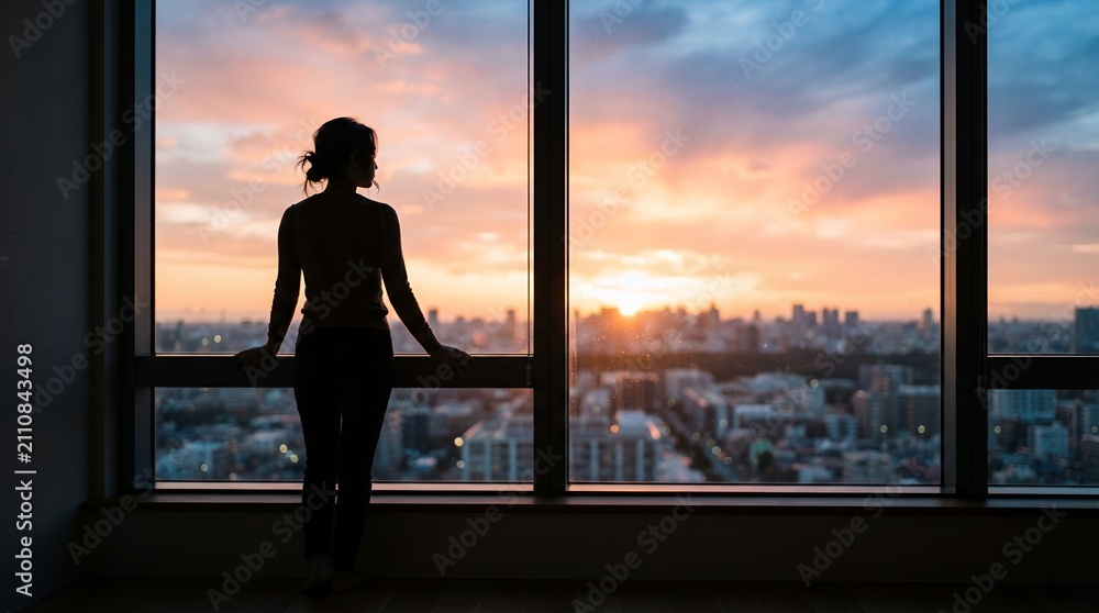 Fototapeta premium Woman silhouetted against a vibrant sunset cityscape view from a high rise window.