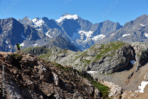 Panoramic view from Col du Galibier (Galibier Pass), Hautes Alpes (French Southern Alps), France, with a view toward Combeynot Peaks