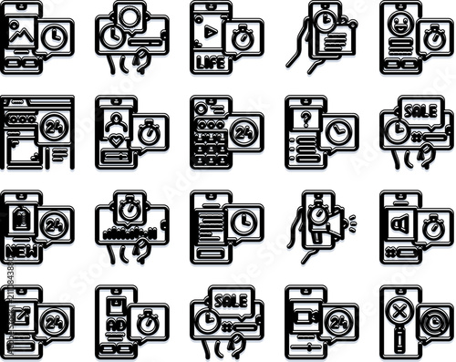 Obraz na plátně Smartphone screens displaying outlined app icons for social media, messaging, co