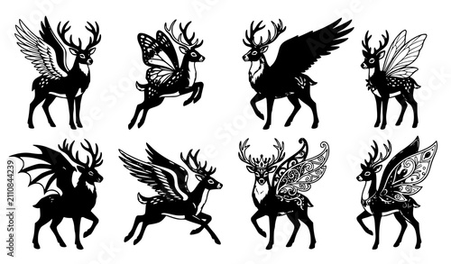 Fotografie Mythical Winged Deer Fantasy Creature Character Vector Illustration Set