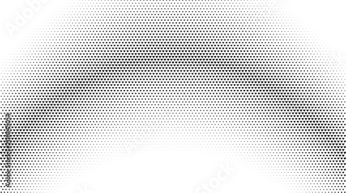 Black and white halftone pattern with small heart shapes arranged in a curved arch gradient on a clean white background texture