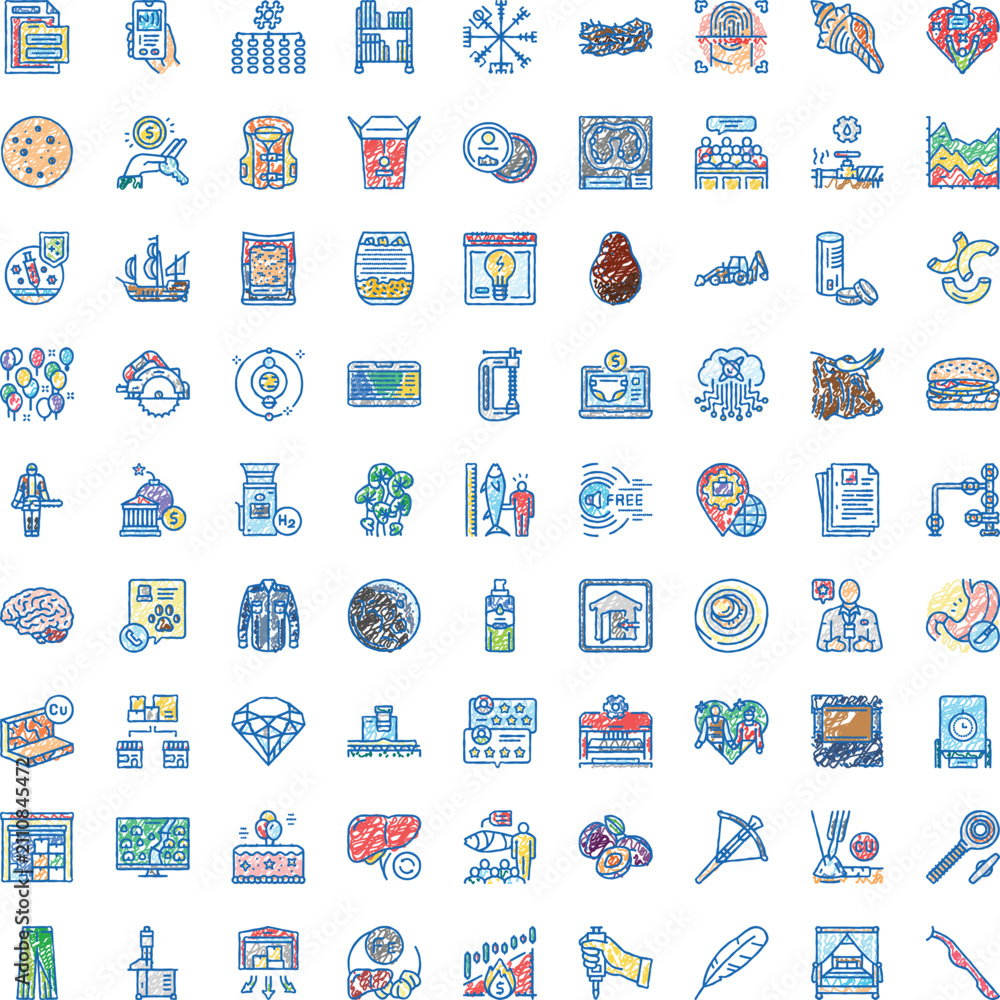 Fototapeta premium Variety of colorful doodle style icons symbolizing various concepts including business, technology, food, science, finance, and everyday objects, all on a white background