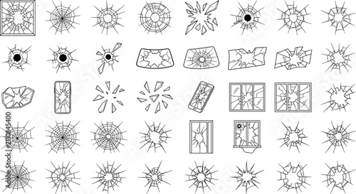 Foto Broken glass cracks window holes and shattered fragments icons setBroken glass c