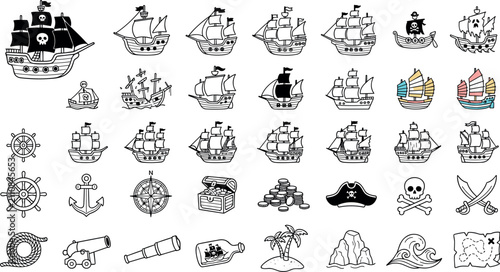 Принти на полотні Pirate ship sailing vessel and maritime adventure icons set collectionPirate shi