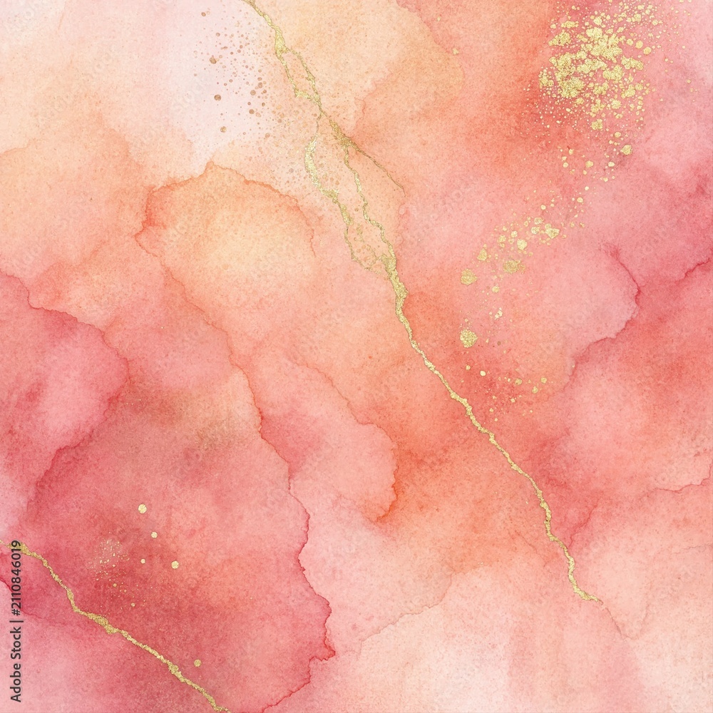 Fototapeta premium Abstract watercolor background in pink and peach pastel tones. Fluid painting texture with shiny gold glitter and metallic foil accents