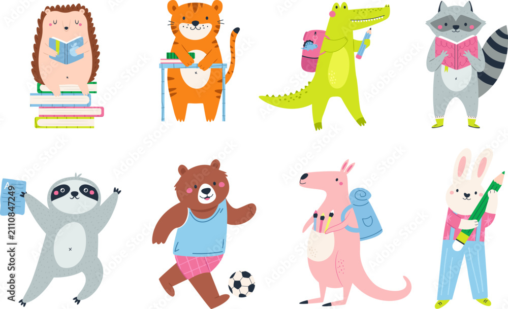 Fototapeta premium Back to school animals. Cute character illustrations. Hedgehog, tiger, crocodile and raccoon, sloth, bear, kangaroo and rabbit