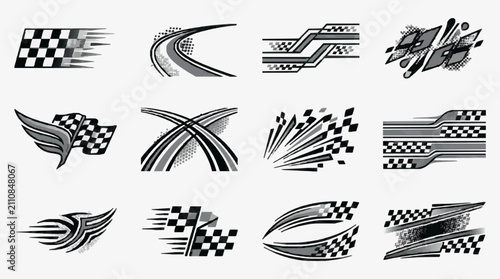 Sleek Modern Black and White Checkered Flag Racing and Speed Design Illustrations with high quality professional line art symbols for modern creative design and digital branding projects