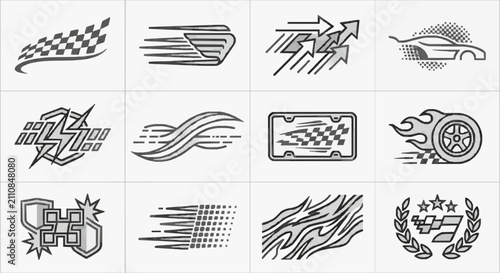Minimalist Black and White Abstract Racing and Speed Themed Icons Set Featuring Cars Tracks Arrows and Dynamic Patterns