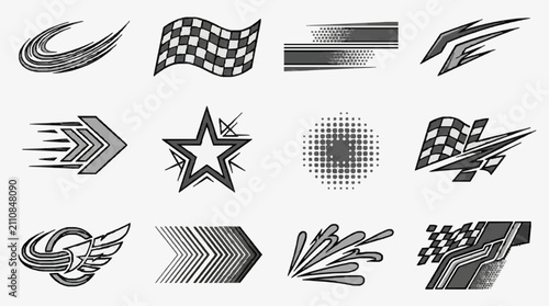 Dynamic Modern Black and White Speed Motion and Racing Icons Set for Design Projects with high quality professional line art symbols for modern creative design and digital branding projects