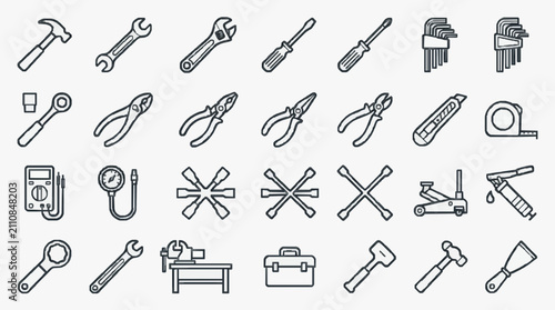Elegant Black and White Line Art Collection of 30 Essential Hand Tools and Workshop Equipment Icons