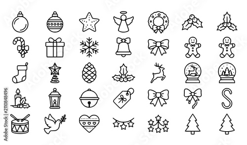 Cuadro en lienzo Christmas Ornament Line Icon Set with Xmas Tree Decorations Wreath Angel Star an
