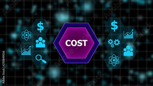 Fotografía Digital hexagon with the word COST surrounded by blue icons representing finance