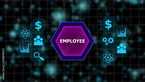 Konstfotografi Digital hexagon with the word EMPLOYE surrounded by blue icons representing fina