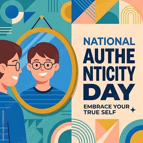 Mirror reflecting a simple face, bold NATIONAL AUTHENTICITY DAY typography, modern flat vector artwork, clean geometric style