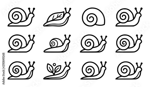 Generic tiny garden snails and slugs vector icon set with simple bold line art classic complete unbranded snail spiral shell eco gardening nature clip art black and white