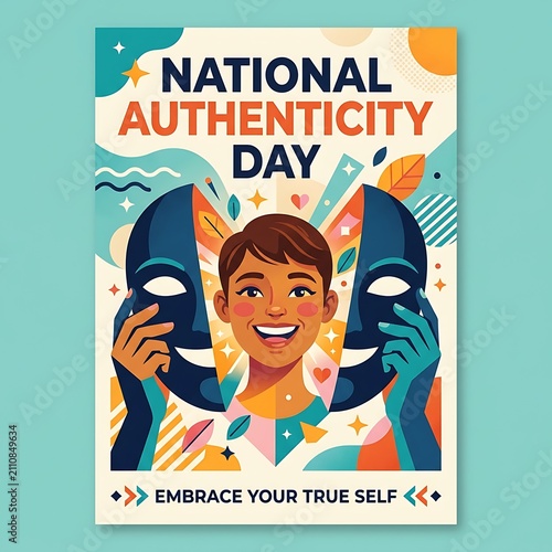Bold NATIONAL AUTHENTICITY DAY text and an open mask with a happy face