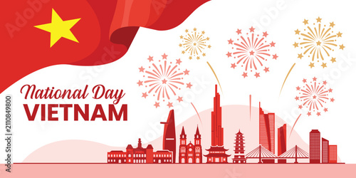Vietnam National Day Celebration: A vibrant illustration depicts the skyline of a modern city with prominent landmarks under a waving national flag and a celebratory fireworks display.