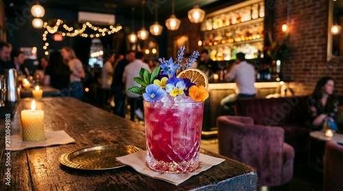 Vibrant Cocktail Garnished with Flowers and Fruit on a Bar Counter.