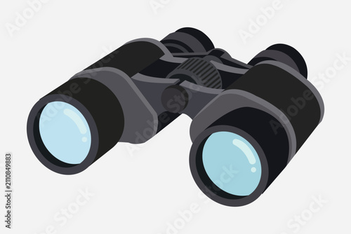 Fotografie Binocular Observation: A detailed illustration of a pair of black binoculars with blue lenses, ready for exploration and discovery