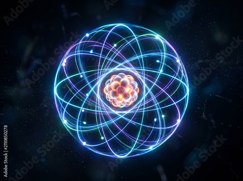 Abstract glowing atomic structure with orbiting electrons on dark background.