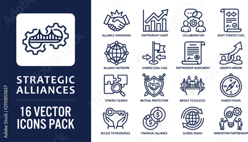 Strategic alliances and business partnership icons set with symbols for collaboration, growth, networking, agreement, and shared success