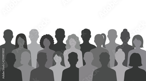 A Spectrum of Humanity: A graphic representation of a diverse crowd, showcasing a multitude of silhouettes in varying shades of gray, symbolizing unity and collective identity.