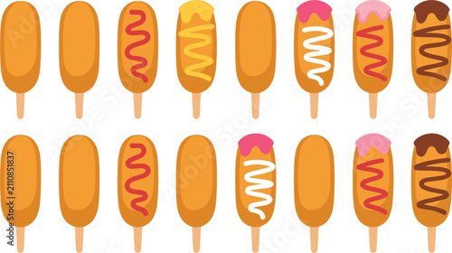 Korean corn dog set, crispy fried hot dogs with ketchup mustard sauces