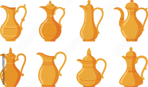 Traditional arabic copper jugs, golden metal pitchers, oriental ramadan flat vector set