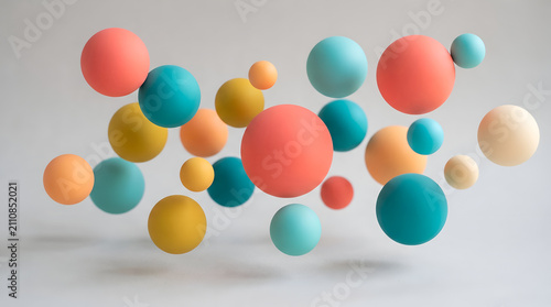 Vibrant minimalist background with floating 3D matte geometric spheres, bright coral, teal, and mustard yellow, soft shadows