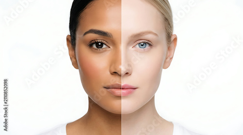 Split face portrait showing contrasting skin tones and eye colors desig
