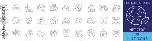 Net zero carbon emission and climate action sustainability line icon set. Vector symbols for carbon neutral, renewable energy, eco footprint, green technology, and environmental conservation.