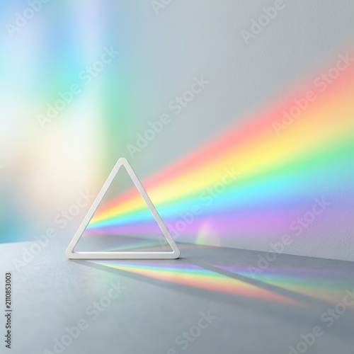 Glass prism refracting light into a spectrum of colors on a gray background.