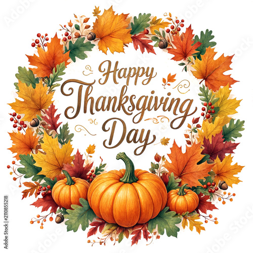 Colorful happy thanksgiving day greeting card with pumpkins and autumn leaves arrangement design