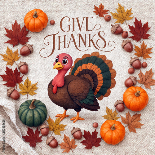Cute cartoon turkey surrounded by autumn leaves pumpkins and acorns with give thanks text design