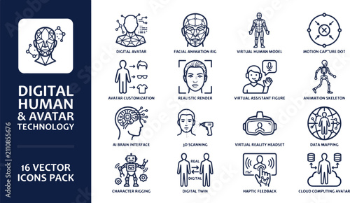 Comprehensive set of 16 professional digital human and avatar technology icons illustrating featuring detailed linear vector graphics for modern software interface design, AI visualization