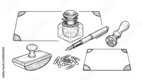 Schilderij op canvas Vintage Inkwell Pen and Paper Stationery Set Vector
